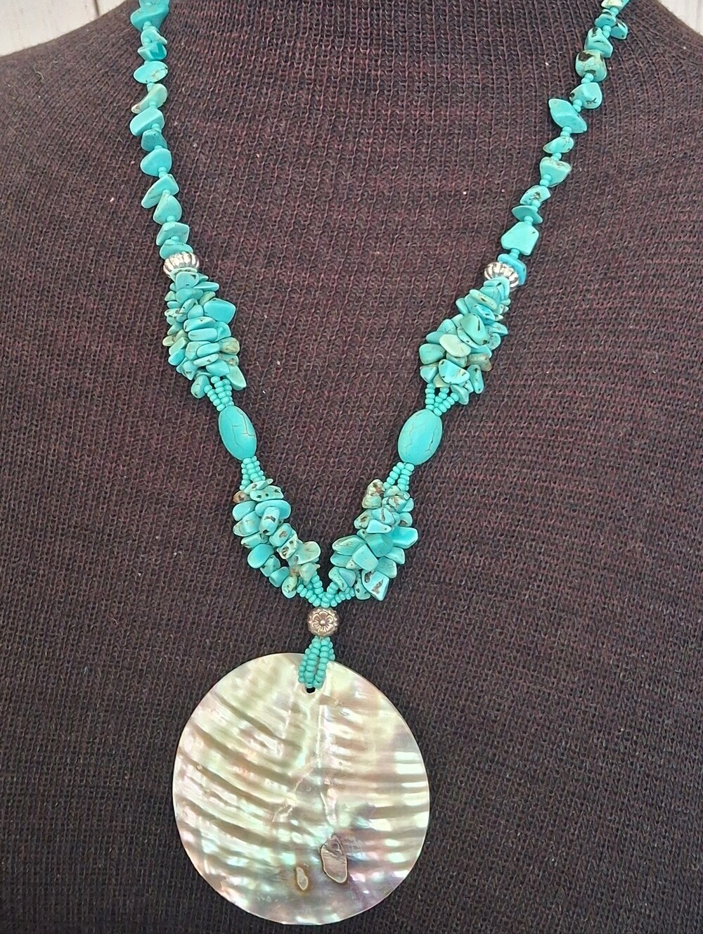 Turquoise Beaded Necklace with Abalone Shell Pendant - Women Jewelry
